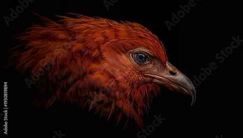 Bird With Bright Red Feathers and Sharp Beak in Close View Set Against a Dark...