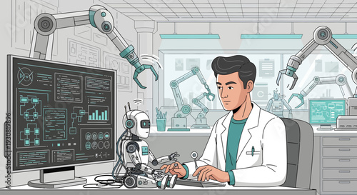Scientist in a futuristic laboratory assembling a sophisticated robotic companion.