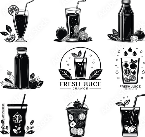 Collection of black and white of fresh juices and fruits fruit juice beverage drink glass