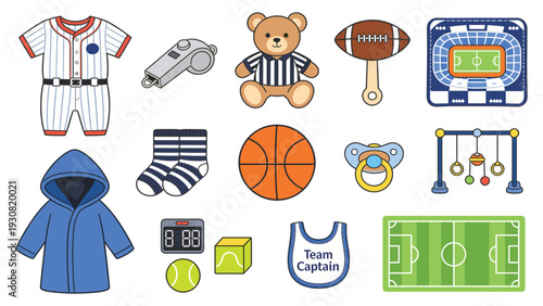 Cute baby sports stickers collection with baby clothes and accessories in a playful set