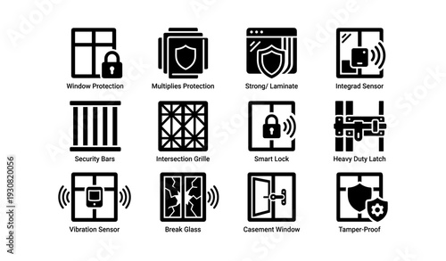 Home security icons: protection, smart lock, sensor, grille, tamper-proof technology