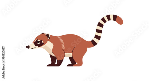 Stylized illustration of a solitary coati with a striped tail, standing against a white background