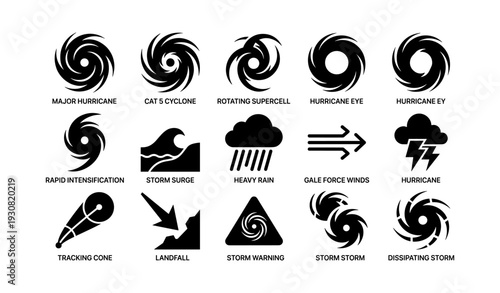 Weather icons: hurricanes, cyclones, storms with warning symbols