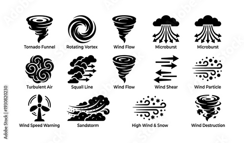 Weather icons: tornado, vortex, wind, microburst, storm patterns