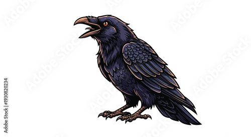 Detailed illustration of a black raven with an open beak