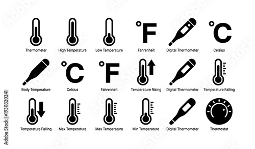 Thermometer icons: celsius, fahrenheit, digital, rising, falling temperatures