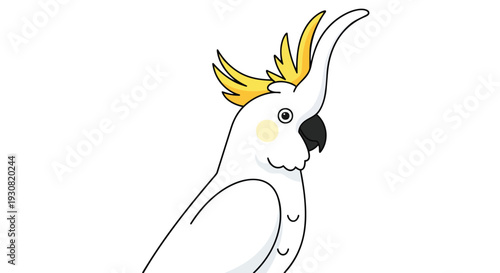 Charming Cartoon Cockatoo with a Vibrant Yellow Crest, A Playful Avian Illustration Perfect for Whimsical Designs