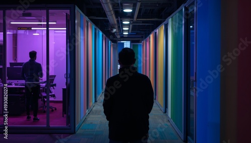 Man Walks in Corridor With Colorful Walls and Coworkers Working in Background...