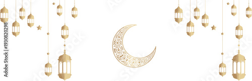 Elegant Ramadan background with golden lanterns and ornamental crescent moon, Islamic festive flat vector illustration design