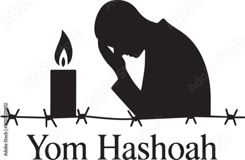 Black silhouette of person mourning with candle and barbed wire for Yom Hashoah white
