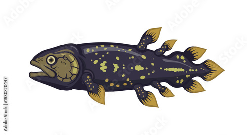 Detailed illustration of a prehistoric coelacanth fish with distinctive spotted pattern and lobed fins, isolated on a white background