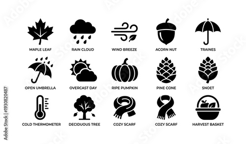 Autumn symbols: maple leaf, rain cloud, wind breeze, acorn nut, umbrella, pumpkin