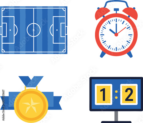 Sports Competition Icon Set with Soccer Field, Alarm Clock, Gold Medal, and Scoreboard for Tournament and Game Event Vector