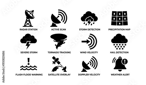 Weather monitoring icons: radars, storm tracking, satellite, alerts