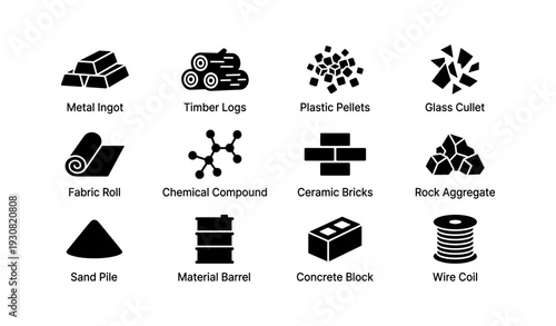 Industrial materials icons set: metal, timber, plastic, glass, fabric, chemicals, ceramic, rock, sand, barrel, concrete, wire