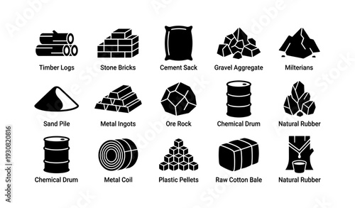 Industrial materials icons set featuring timber logs, cement sack, chemical drums, and gravel