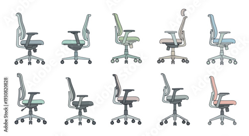 Office Chairs in Various Colors and Angles.