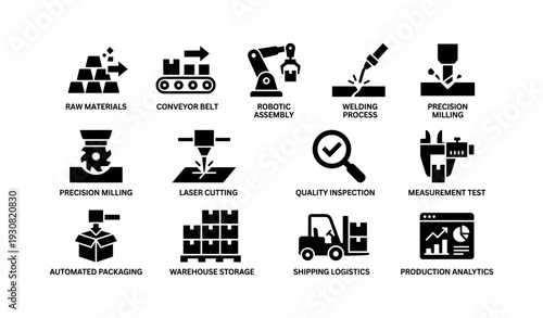 Industrial manufacturing processes and automation icons set