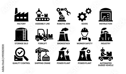 Industry icons: factory, assembly, robotics, shipping, energy structures