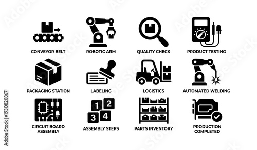 Industrial automation icons set featuring assembly line processes and quality control