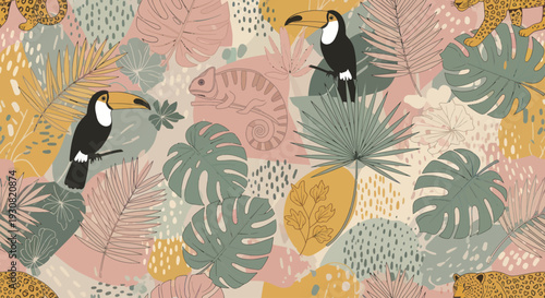 Toucans and Tropical Leaves Pattern Illustration.