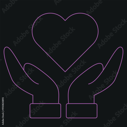 A purple outline of hands cradling a heart against a dark background