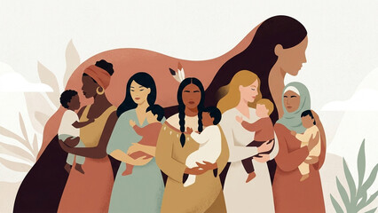 Diverse Group of Mothers Holding Babies, Mother day  Illustration