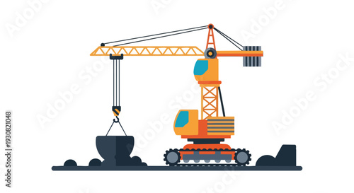 Industrial construction crane in action lifting materials on a white background, symbolizing infrastructure development and heavy machinery.