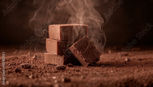 Warm Chocolate Pieces on Cocoa Powder With Steam Rising in a Dark Setting