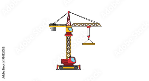 A vibrant cartoon illustration of a construction tower crane is depicted in mid-operation, hoisting a yellow load against a stark white backdrop