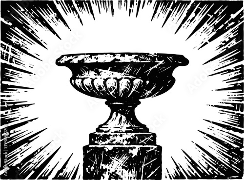 Vintage ornamental stone urn on pedestal with radiant light background engraving