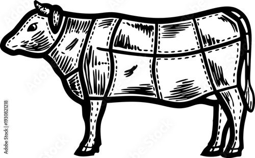 Cow butcher diagram illustration with meat cuts sections in vintage engraving