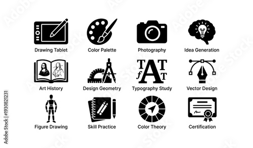 Creative tools and concepts icons for art and design enthusiasts
