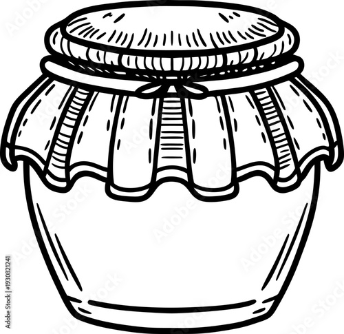 Jar with cloth cover and tied ribbon, vintage container for homemade jam or preserves