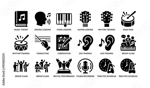 Music education symbols: instruments, training, and performance icons