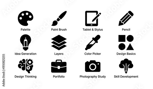 Black and white icons of art and design tools including palette, brush, and camera