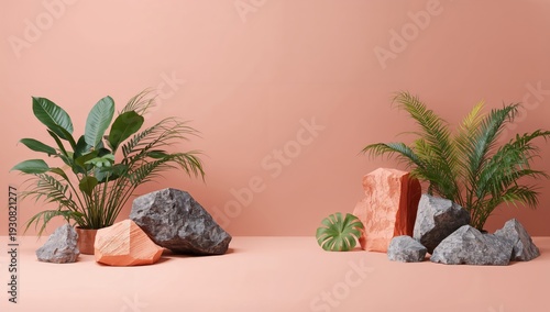 Plants and Stones Arranged on a Simple Background in a Natural Display for De...
