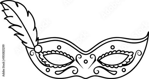 elegant venetian masquerade mask with feather and decorative patterns outline drawing