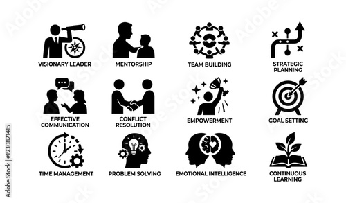 Leadership and development icons: vision, team, strategy, communication, growth