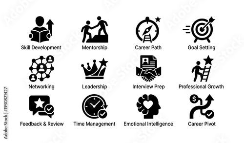 Icons representing career development and professional growth concepts