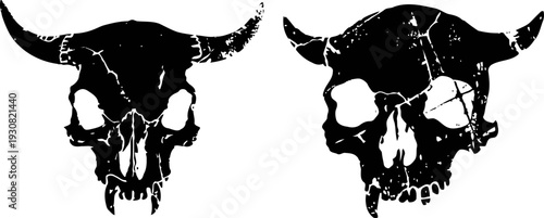 black silhouette skulls of bison and bull with horns, cracked textured design, vintage wild west animal head icons