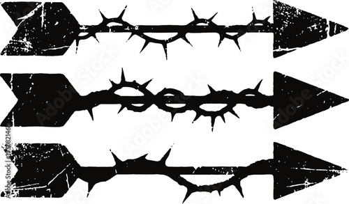Three black arrows with thorny stems in grunge style, abstract vintage weapon design elements