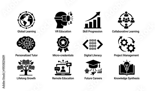 Technological icons: global learning, vr skills, collaboration, ai tutoring, and digital literacy
