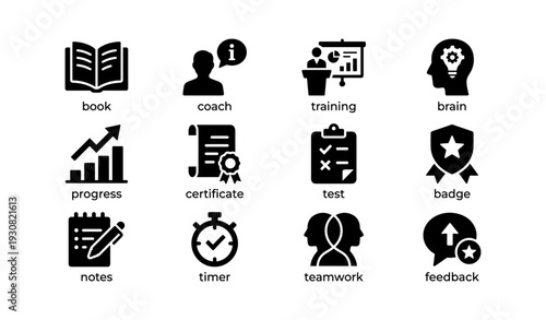 Education and training icons: book, coach, brain, progress, certificate, test, badge, teamwork