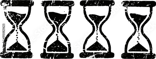 Grunge hourglass icons in four stages showing sand flowing and time passing symbol