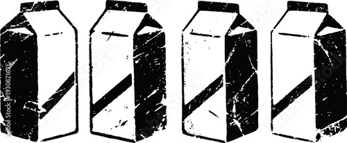 four vintage milk cartons with worn textures in black and white illustration