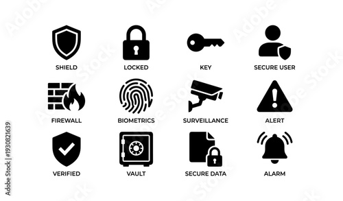 Security and privacy vector icons: shield, lock, key, biometrics, surveillance, alert