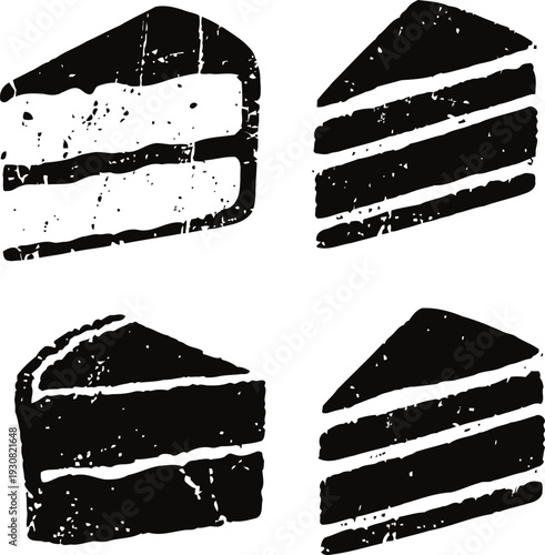 Vintage cake slices silhouettes set retro dessert illustration with textured effect, layered pastry pieces
