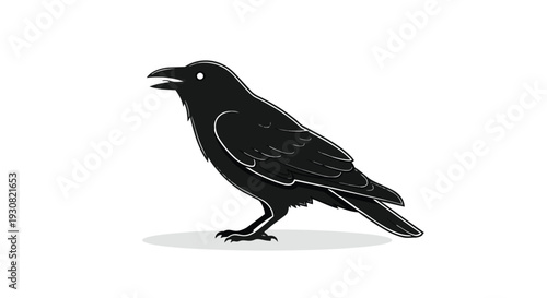 A stylized, silhouetted black crow with white accents stands alert on a plain white background, its beak open and eyes watchful.