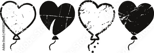 Grunge heart shaped balloons in black and white with textured distressed effects